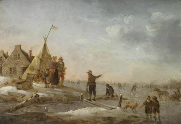 Paesaggio invernale con figure che pattinano davanti a un villaggio